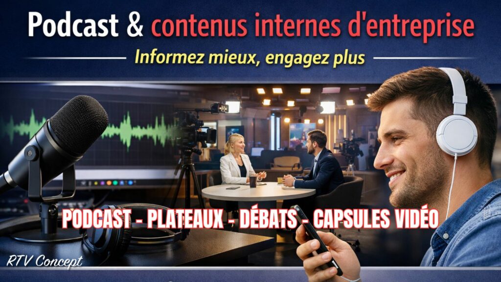 Vignette RTV Concept présentant l’offre podcast et contenus internes pour les entreprises, avec studio, micro, et collaborateurs en plateau.